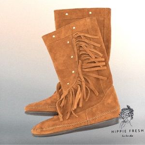 Minnetonka Suede Fringe Vintage Moccasins Boots S7.5-8